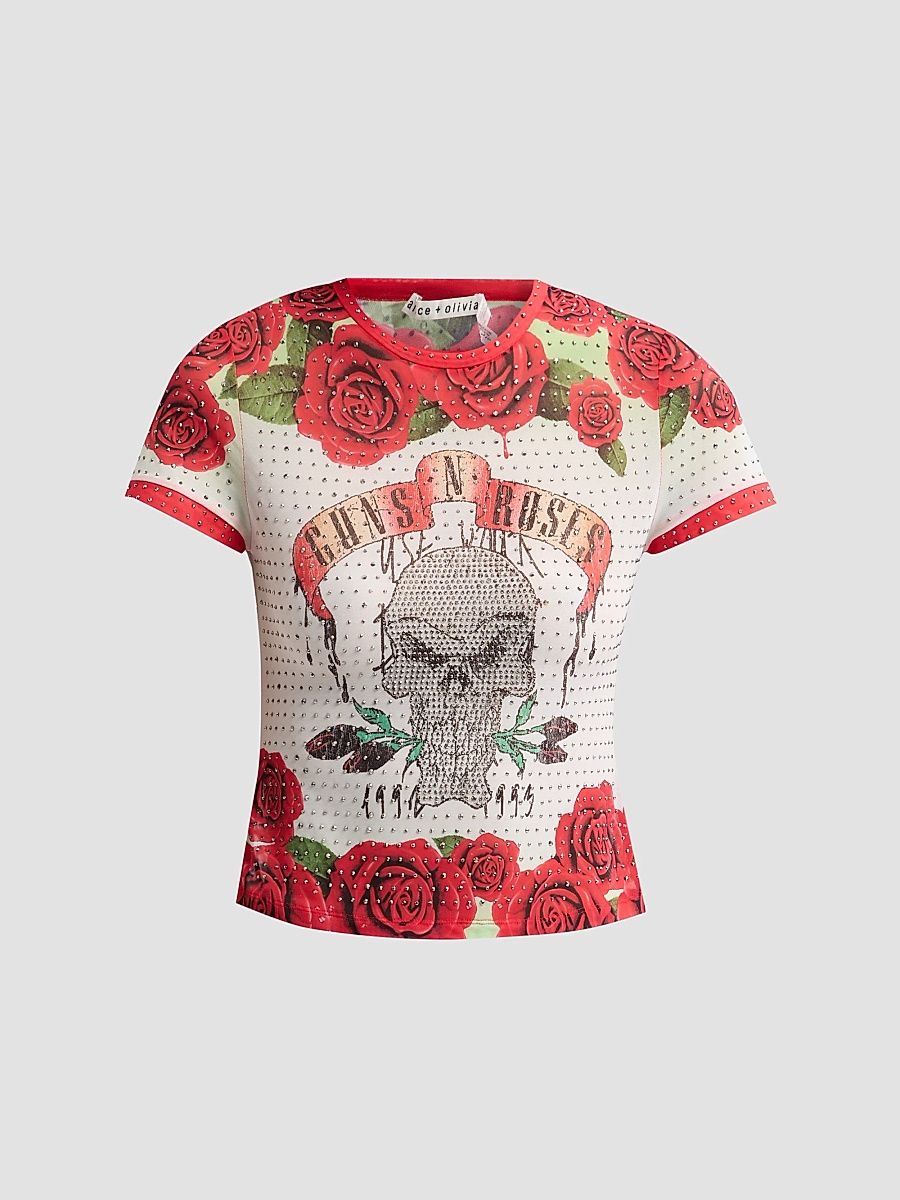 ALICE + OLIVIA Women's Tess Embellished Rock T-Shirt - Sweet Rose Mine - Size XL