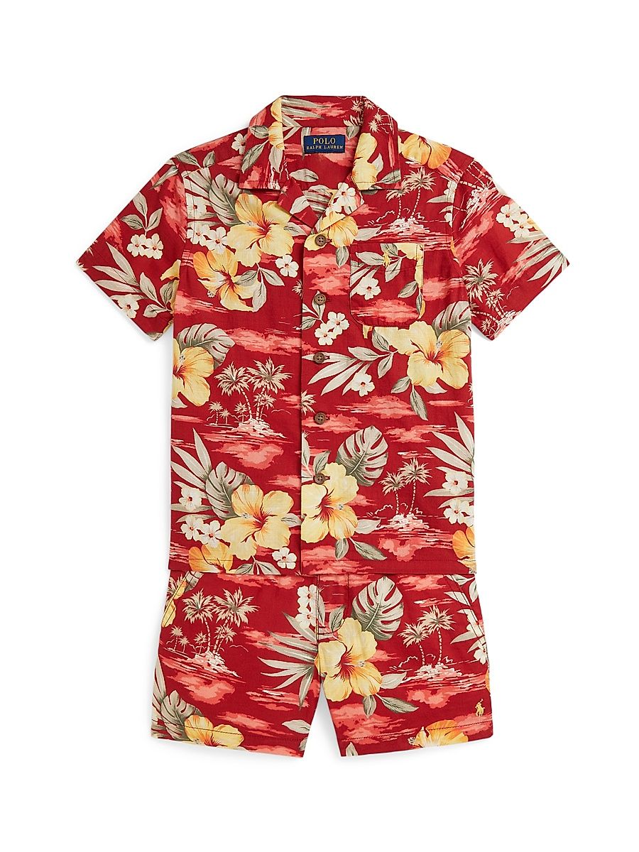 Little Boy's Tropical Cotton Shirt & Shorts Set - Hibiscus Paradise - Size 3