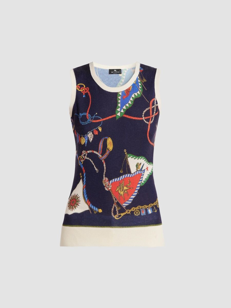 Etro Women's Status Printed Silk-Cashmere Sleeveless Top - Print Blue Base - Size 12