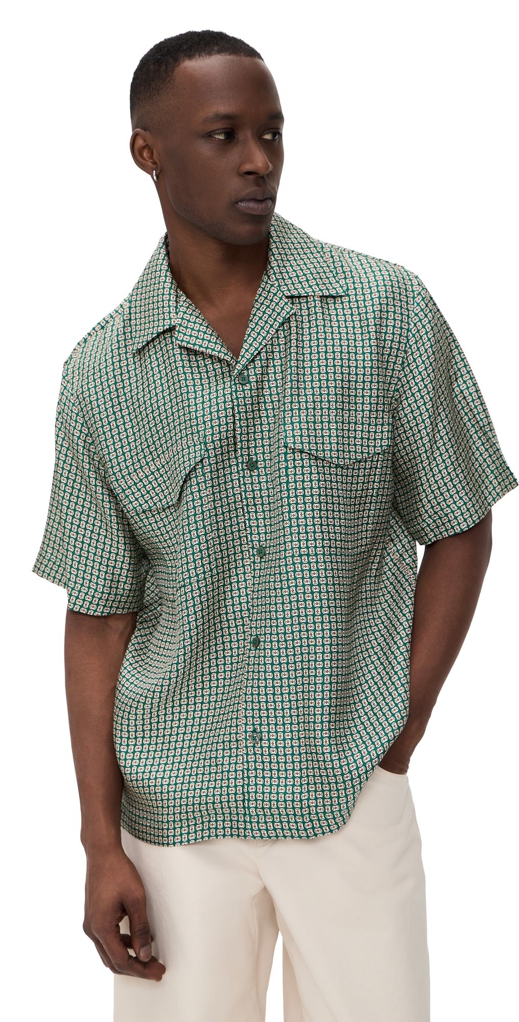 SIMKHAI Clarke Printed Silk Shirt Kelly Green M