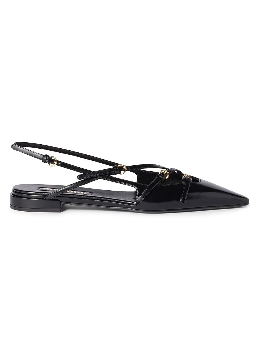 Women's Leather Slingback Ballerinas with Buckles - Black - Size 10