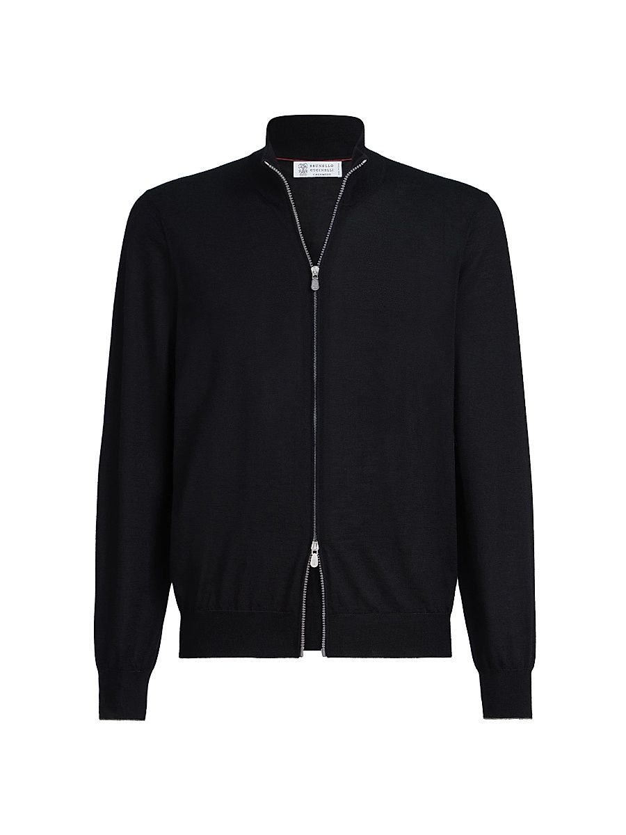 Men's Cashmere and Silk Lightweight Cardigan with Zipper - Black - Size 46