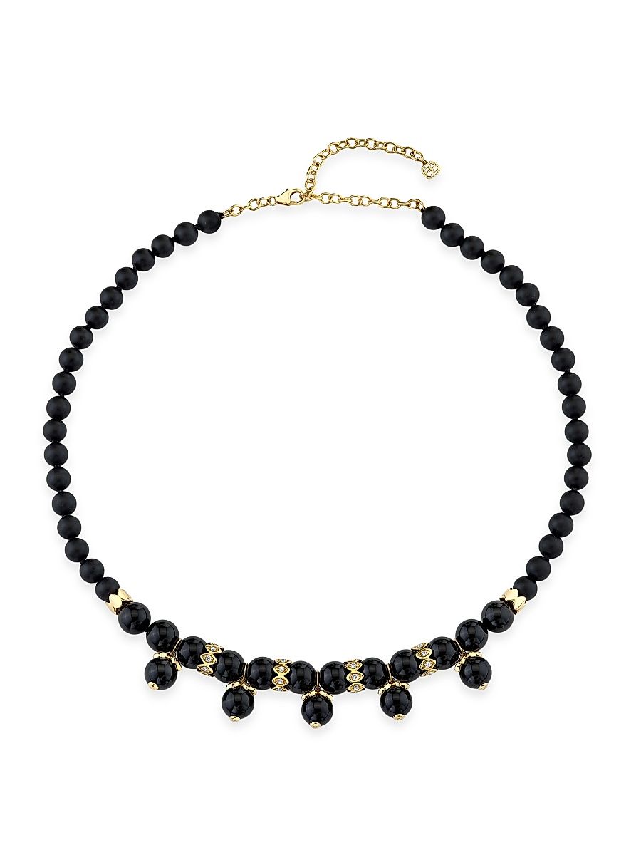 Women's 14K Yellow Gold, Onyx & 0.16 TCW Diamond Beaded Necklace - Yellow Gold