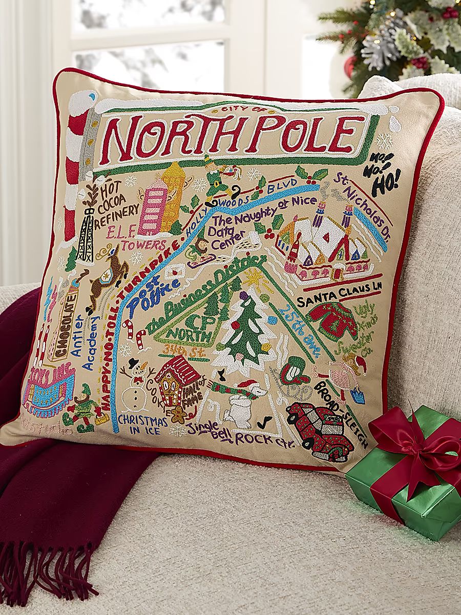 North Pole City Embroidered Pillow