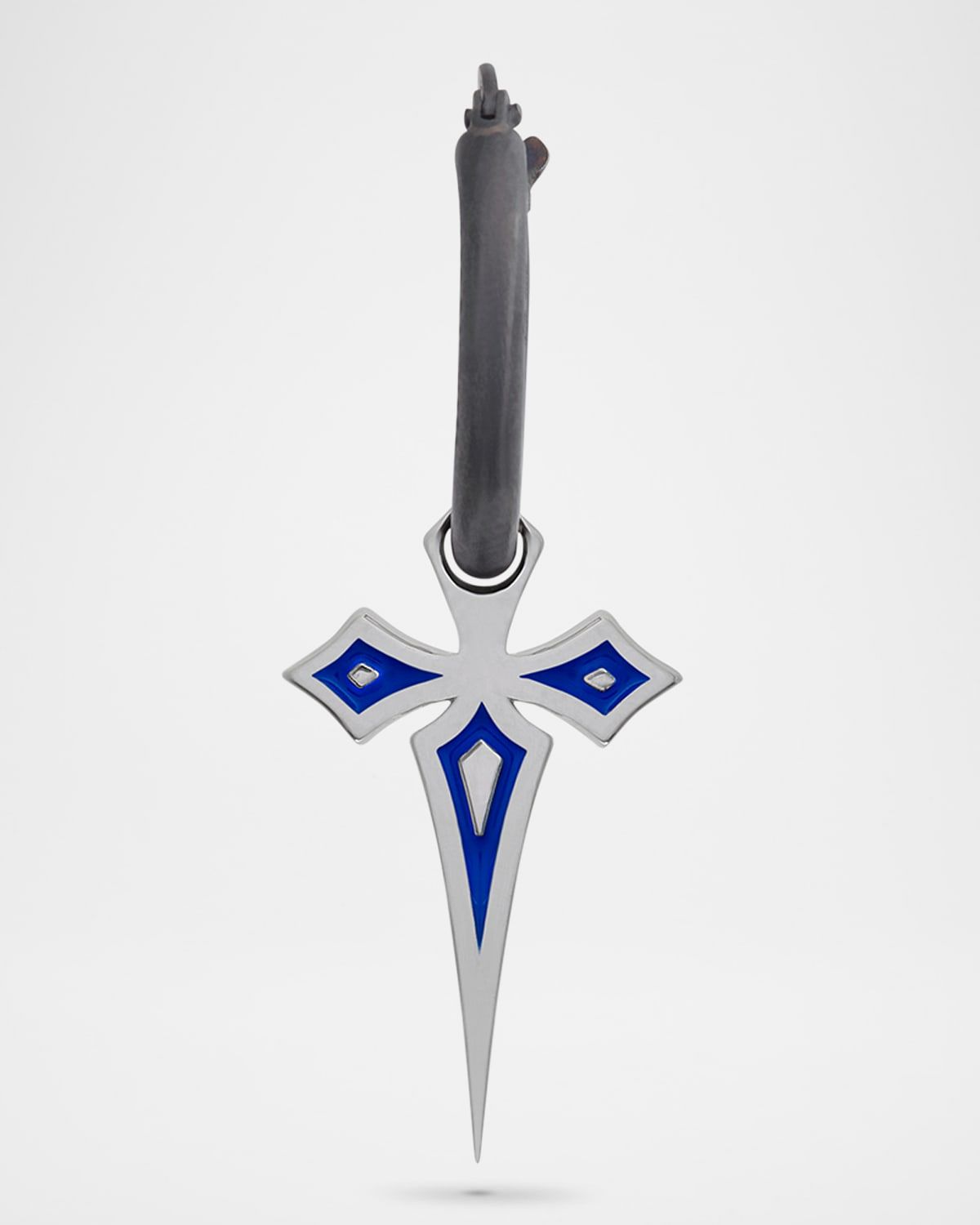 Men & apos;s The Cross Gothic Style Mono Blue Enamel Oxidized and Polished Sterling Silver Earring, Single