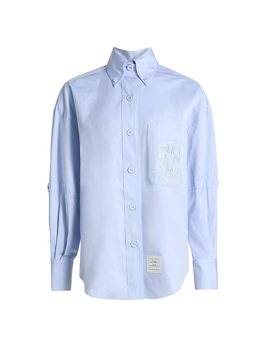 Women's Supersized Embroidered Crest Button-Down Shirt - Light Blue - Size 10
