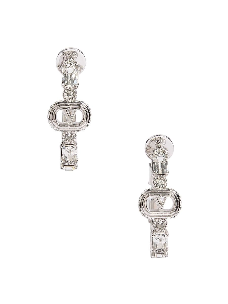 Women's Oval Metal Earrings with Swarovski Crystals - Rhodium Crystal