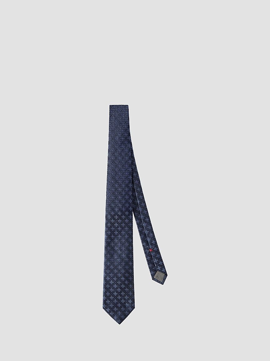 Men's Silk Tie with Geometric Floral Pattern - Navy Blue
