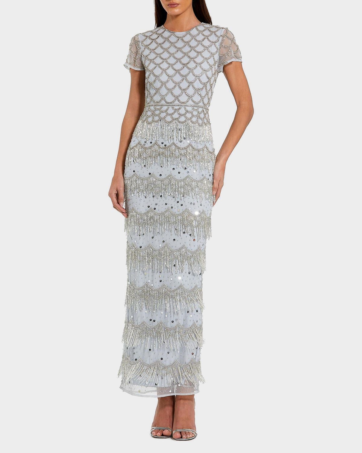 Scalloped Beaded Fringe Column Gown