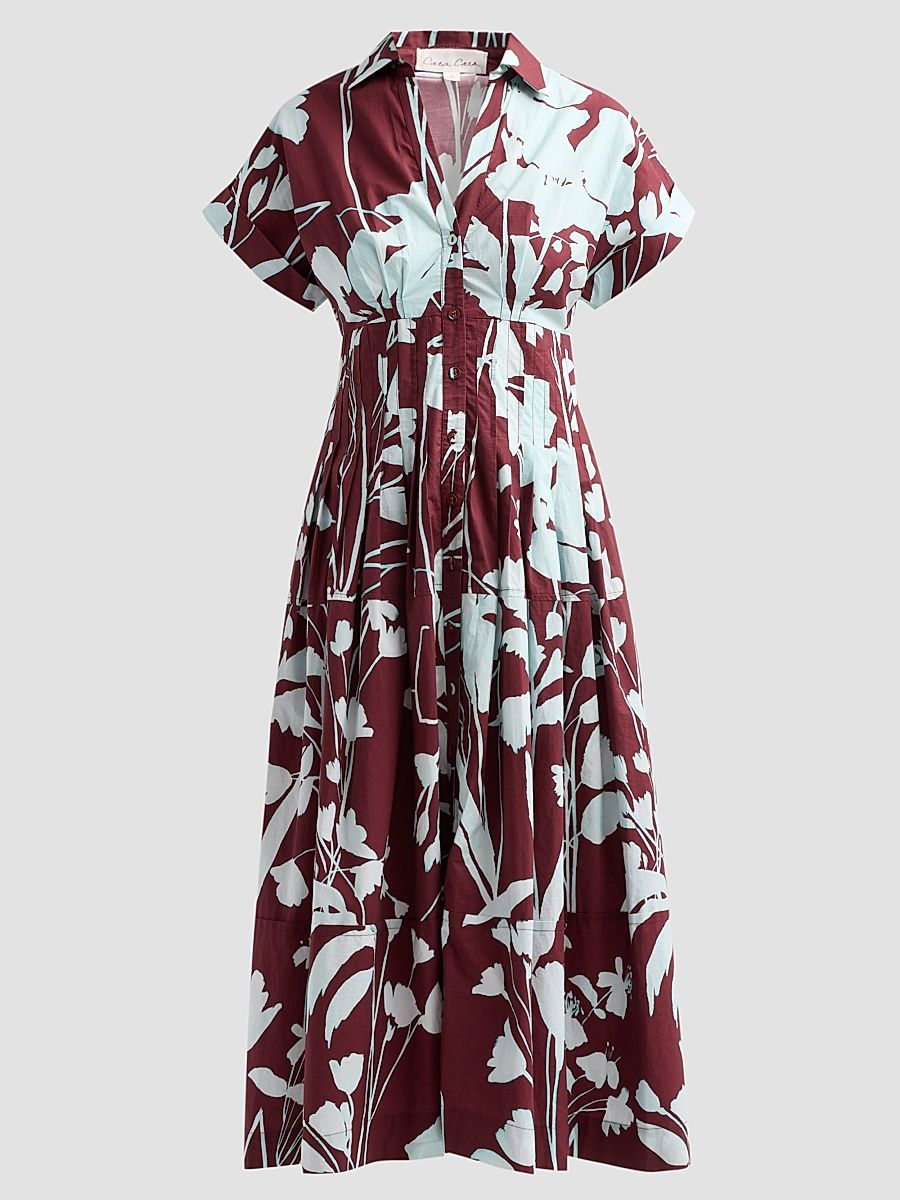 Women's Nash Printed Cotton Poplin Midi Shirtdress - Botanic Maroon - Size XL
