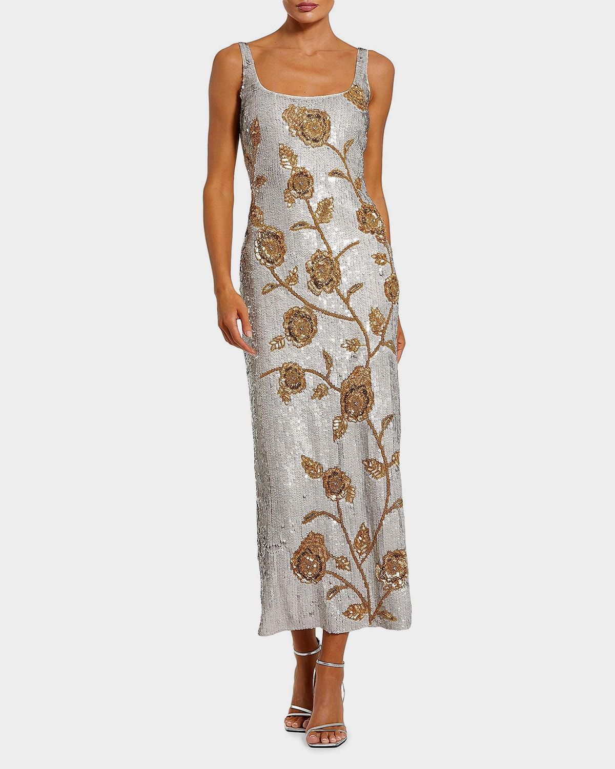 Sequined Floral Mesh Cocktail Midi Dress