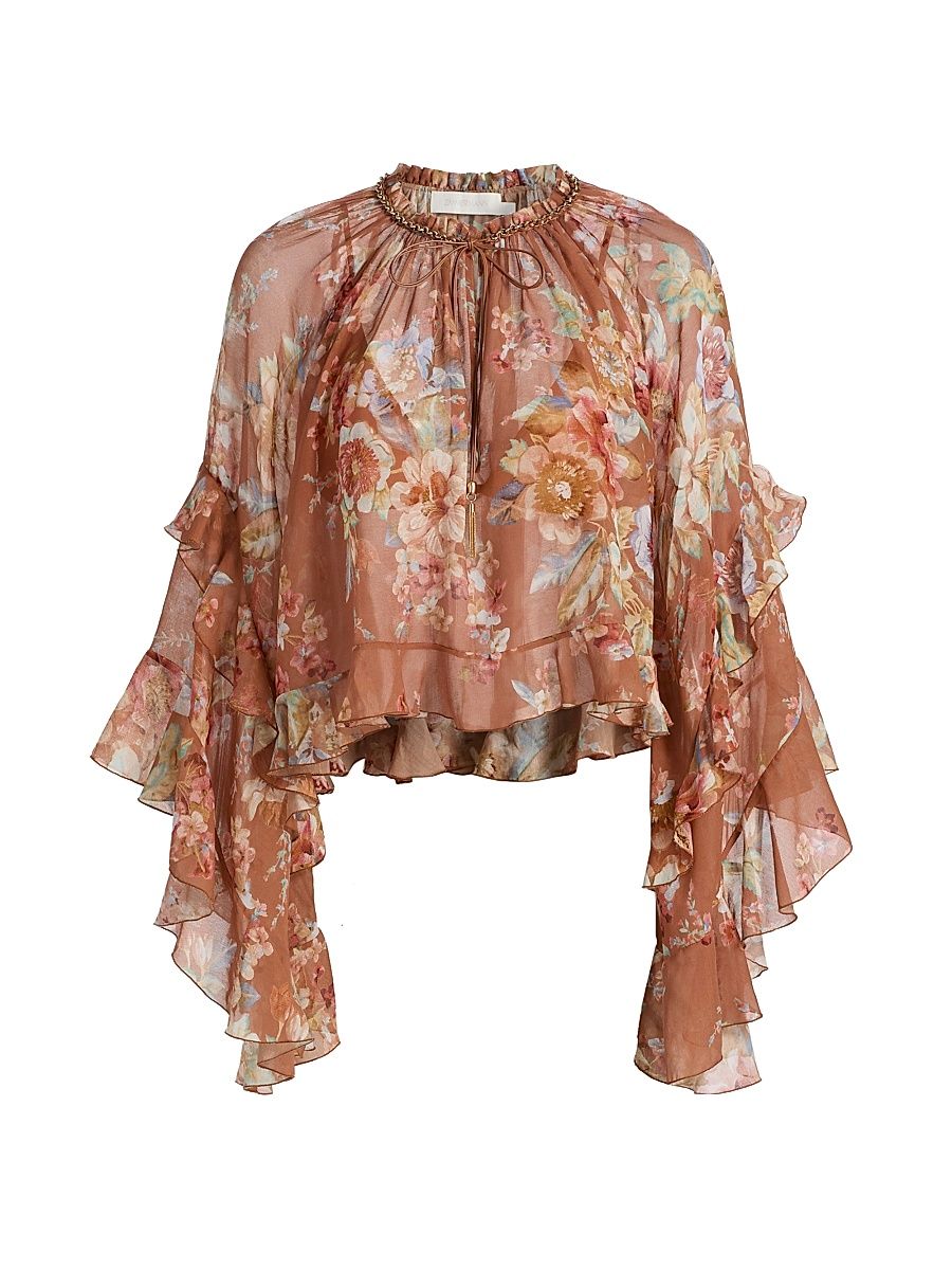 Women's Awaken Floral Cotton-Silk Chiffon Ruffle Blouse - Cinnamon Floral - Size 10