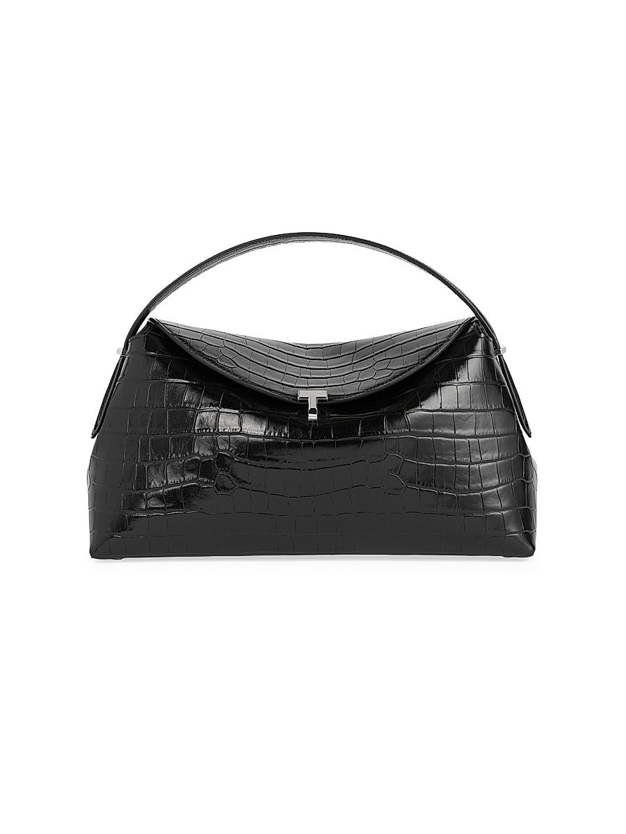 Women's T-Lock Crocodile-Embossed Leather Top Handle Bag - Black
