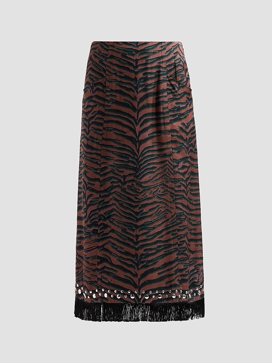 Women's Tiger Studded Fringe-Trim Midi Skirt - Sierra Multi - Size 12