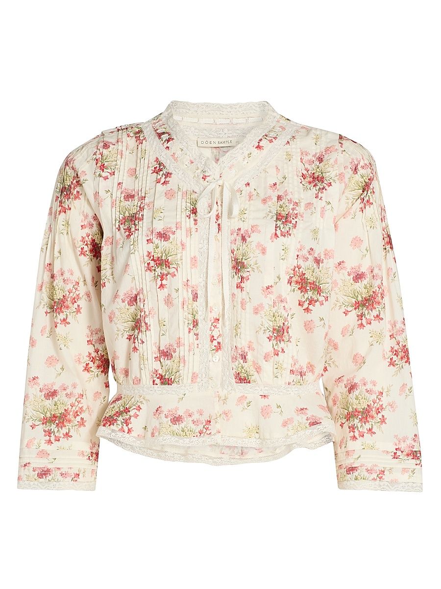 Women's Hillock Floral Lace-Trim Cotton Top - Ivory Lantana Floral - Size XS