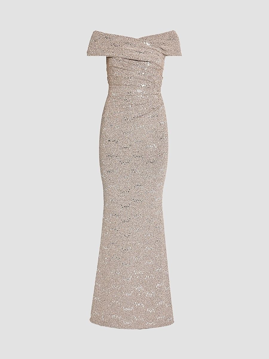 Women's Sequin Jersey Off-the-Shoulder Gown - Platinum - Size 14