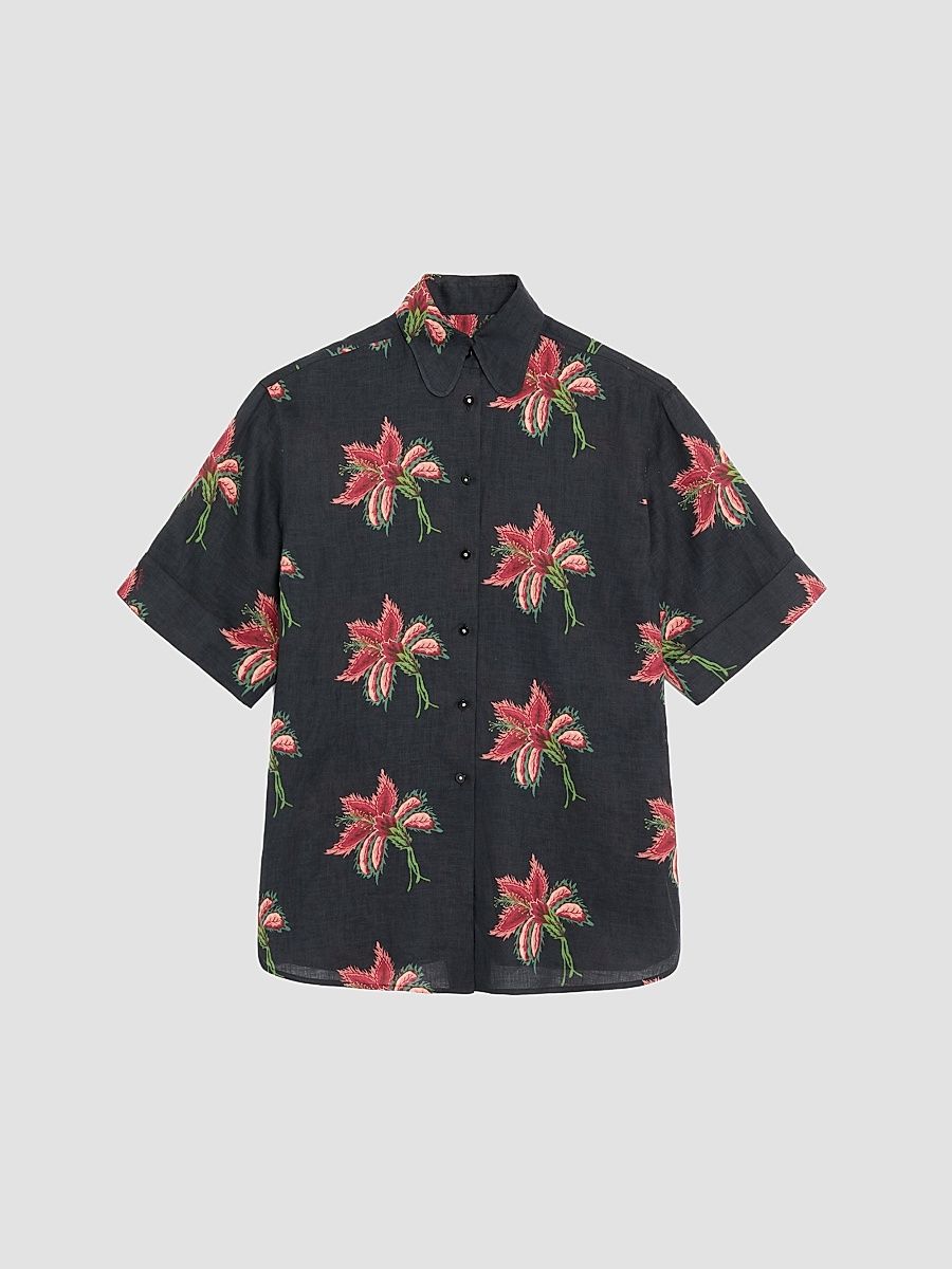 Women's Papier Floral Linen Shirt - Black Multicolor - Size 0