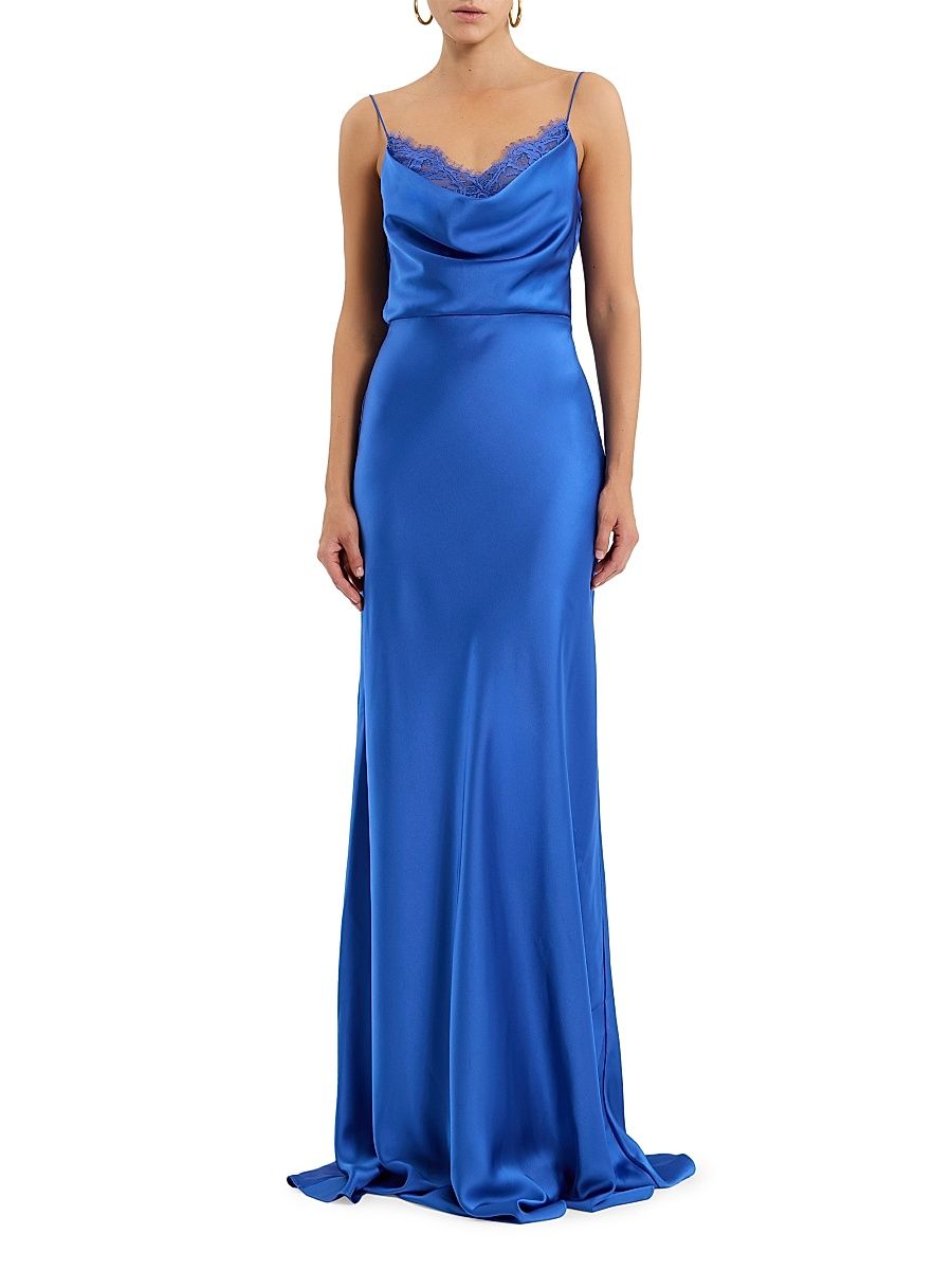 Women's Remi Satin-Lace Cowlneck Gown - Blue - Size 2