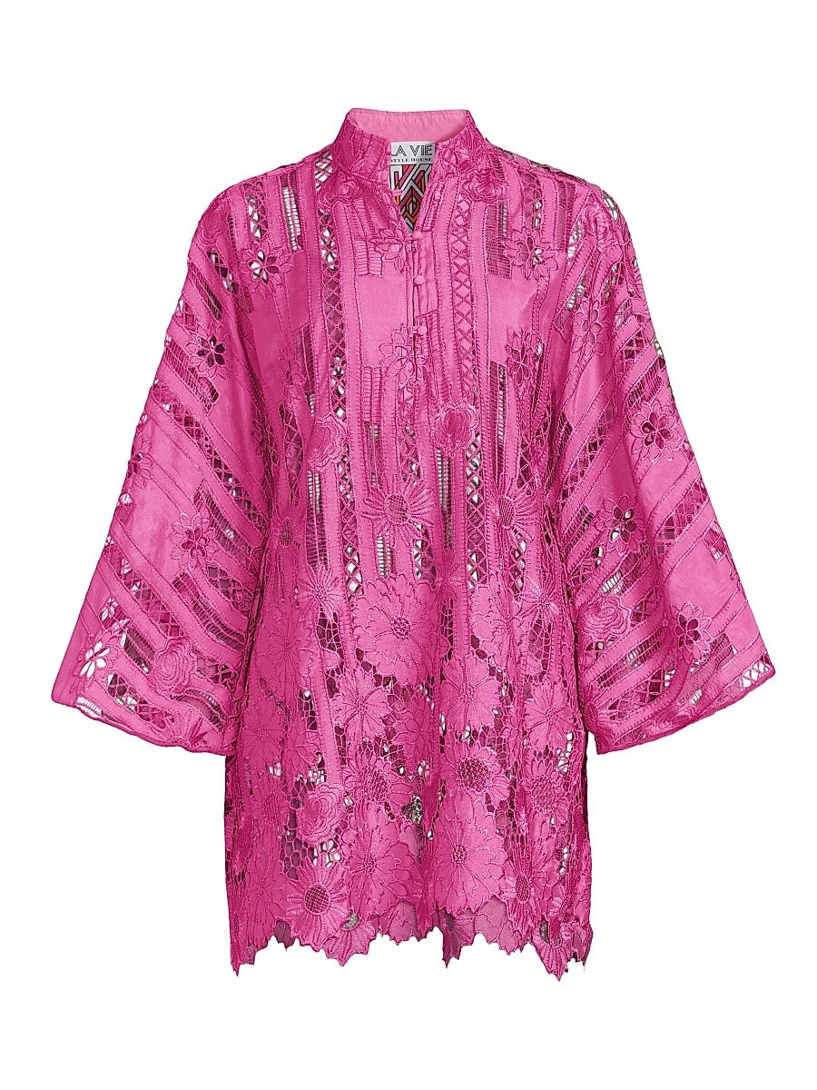 Women's Linear Floral Lace Mini Caftan - Magenta