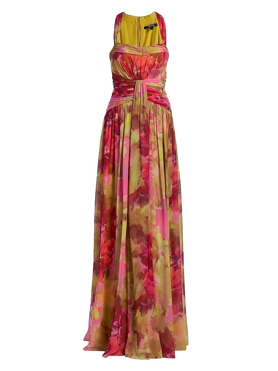 Women's Pleated Floral Chiffon Gown - Pink Multi - Size 16