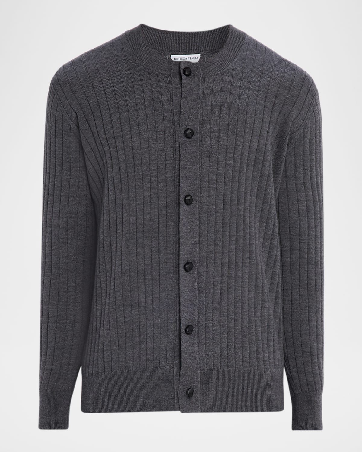 Men & apos;s Ribbed Wool Cardigan with Leather Buttons