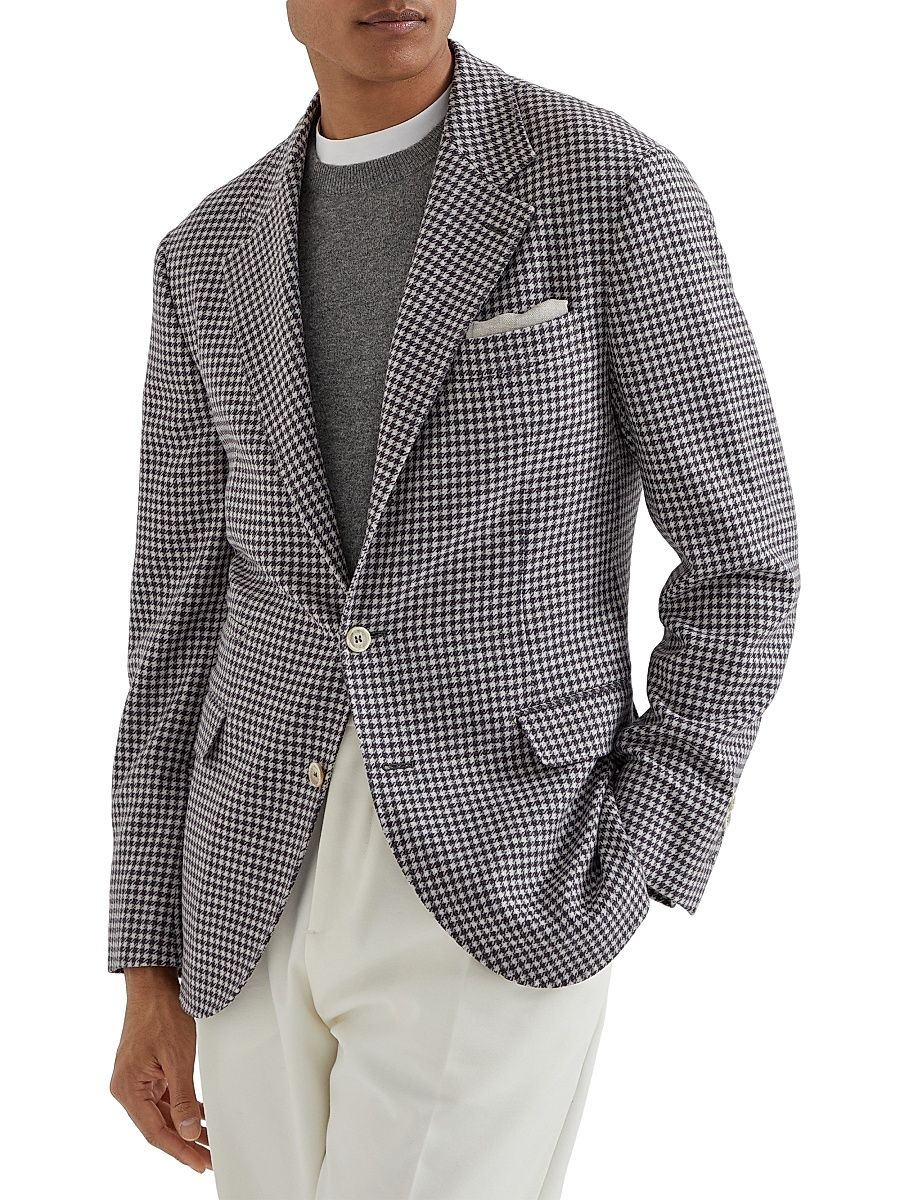 Men's Wool, Cashmere and Silk Houndstooth Deconstructed Blazer - Burgundy - Size 48