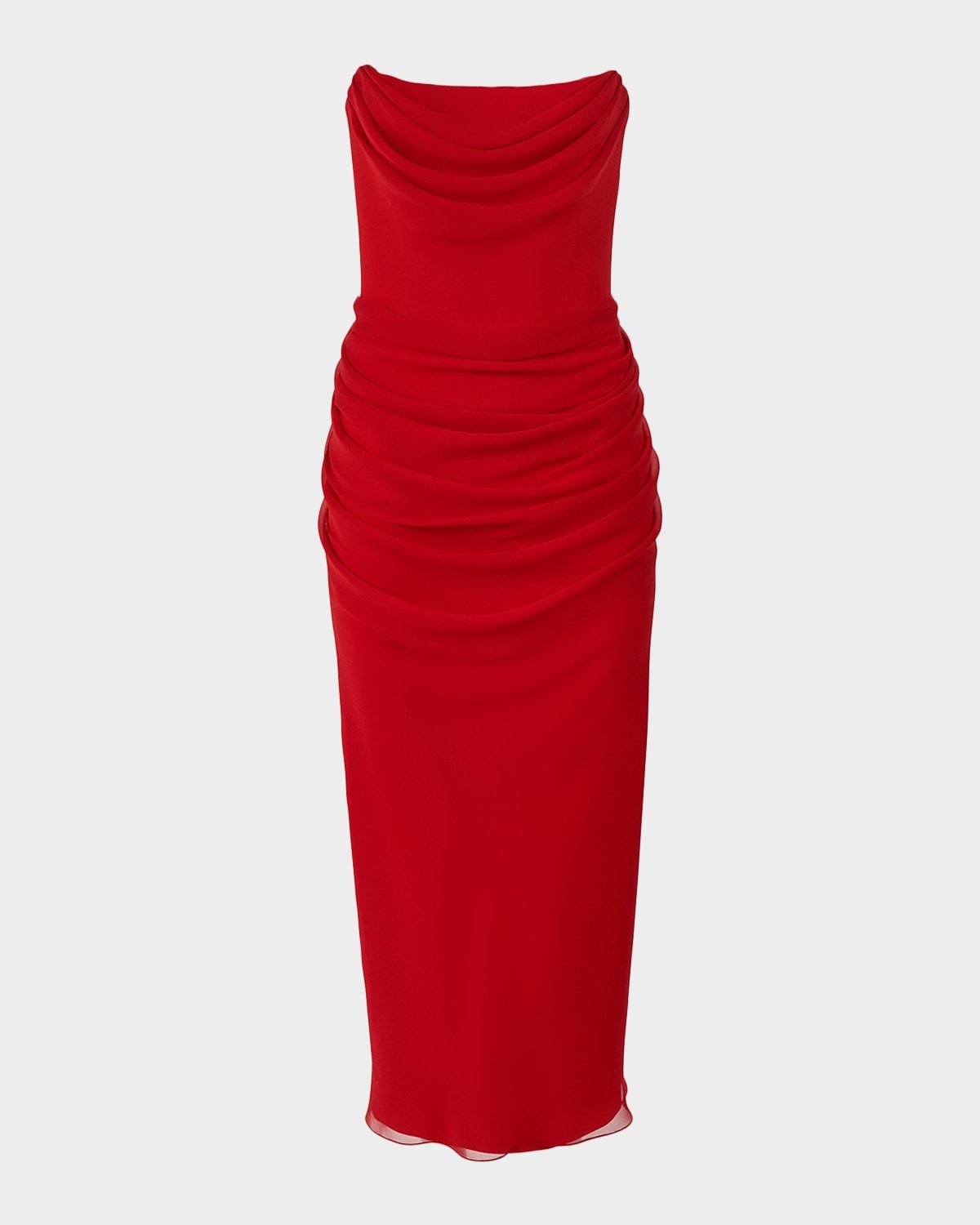 Strapless Draped Silk Midi Dress