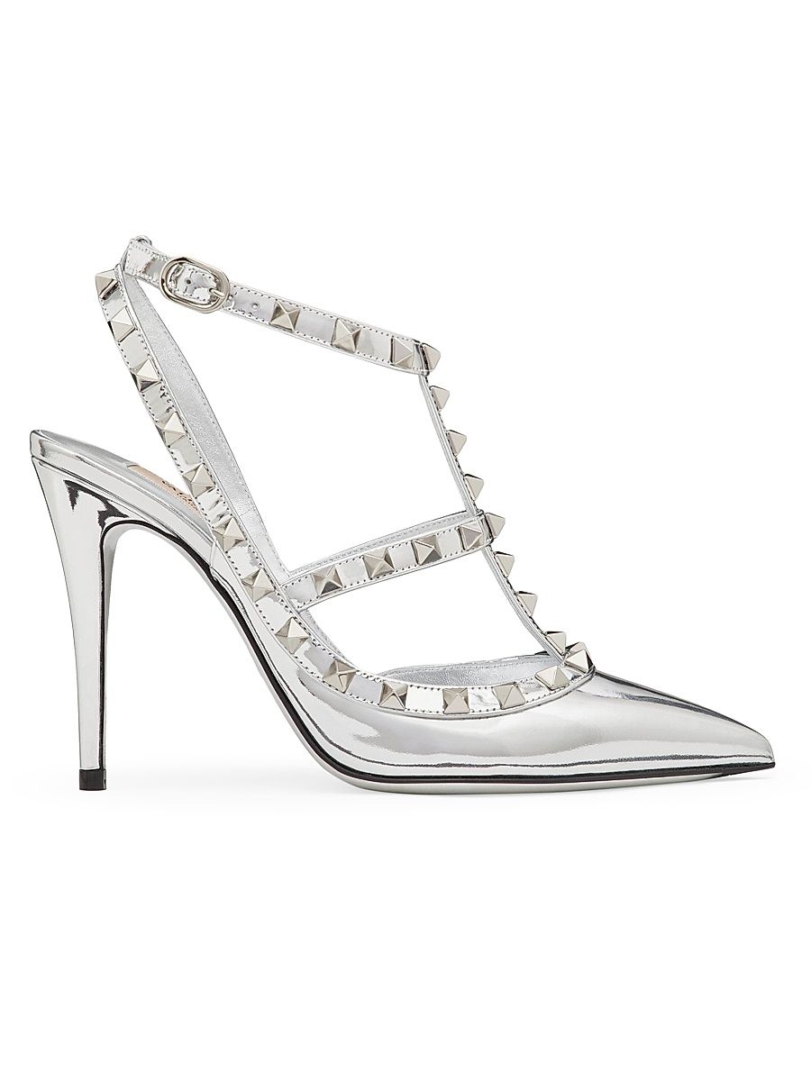 Women's Rockstud Mirror-Effect 100MM Pumps with Matching Straps and Studs - Silver - Size 9.5