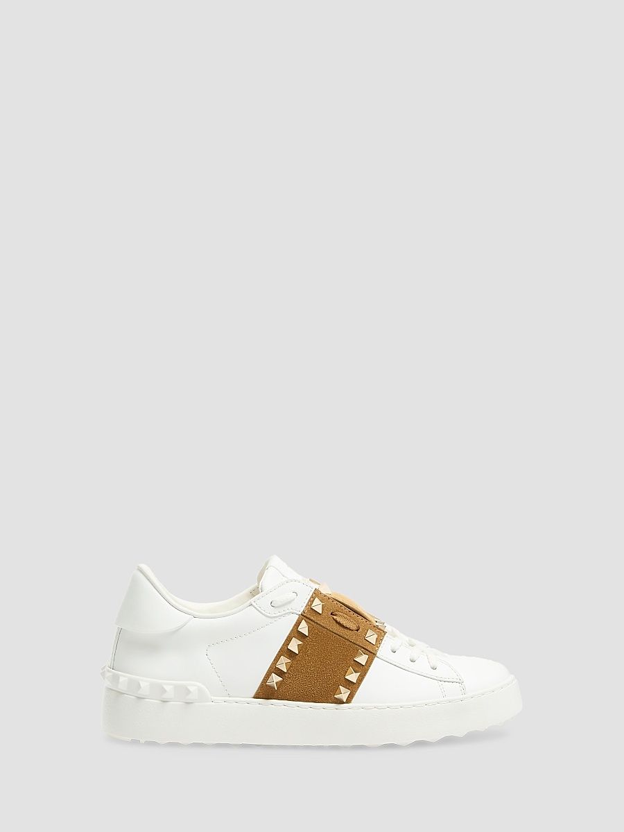 Women's Rockstud Untitled Sneakers in Calfskin with Suede Band - White Havana Beige - Size 10.5