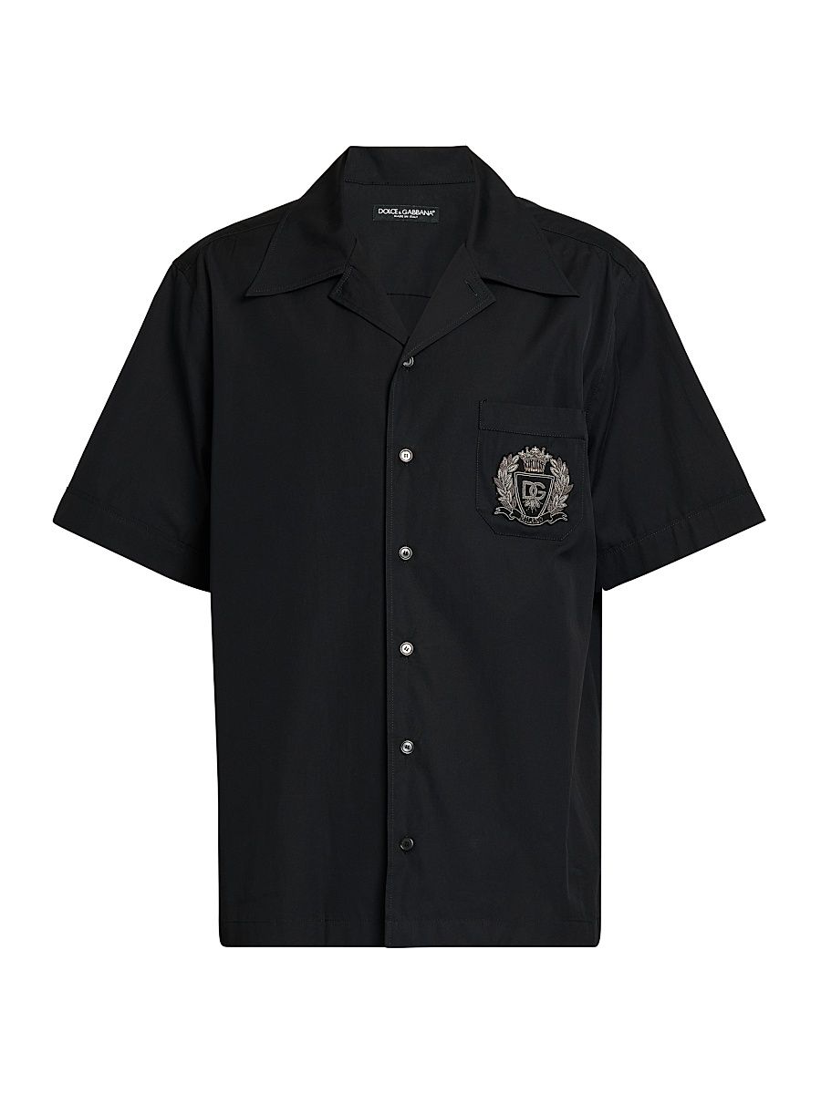 Men's Logo Seal-Embroidered Cotton Poplin Short-Sleeve Shirt - Nero - Size 17.5