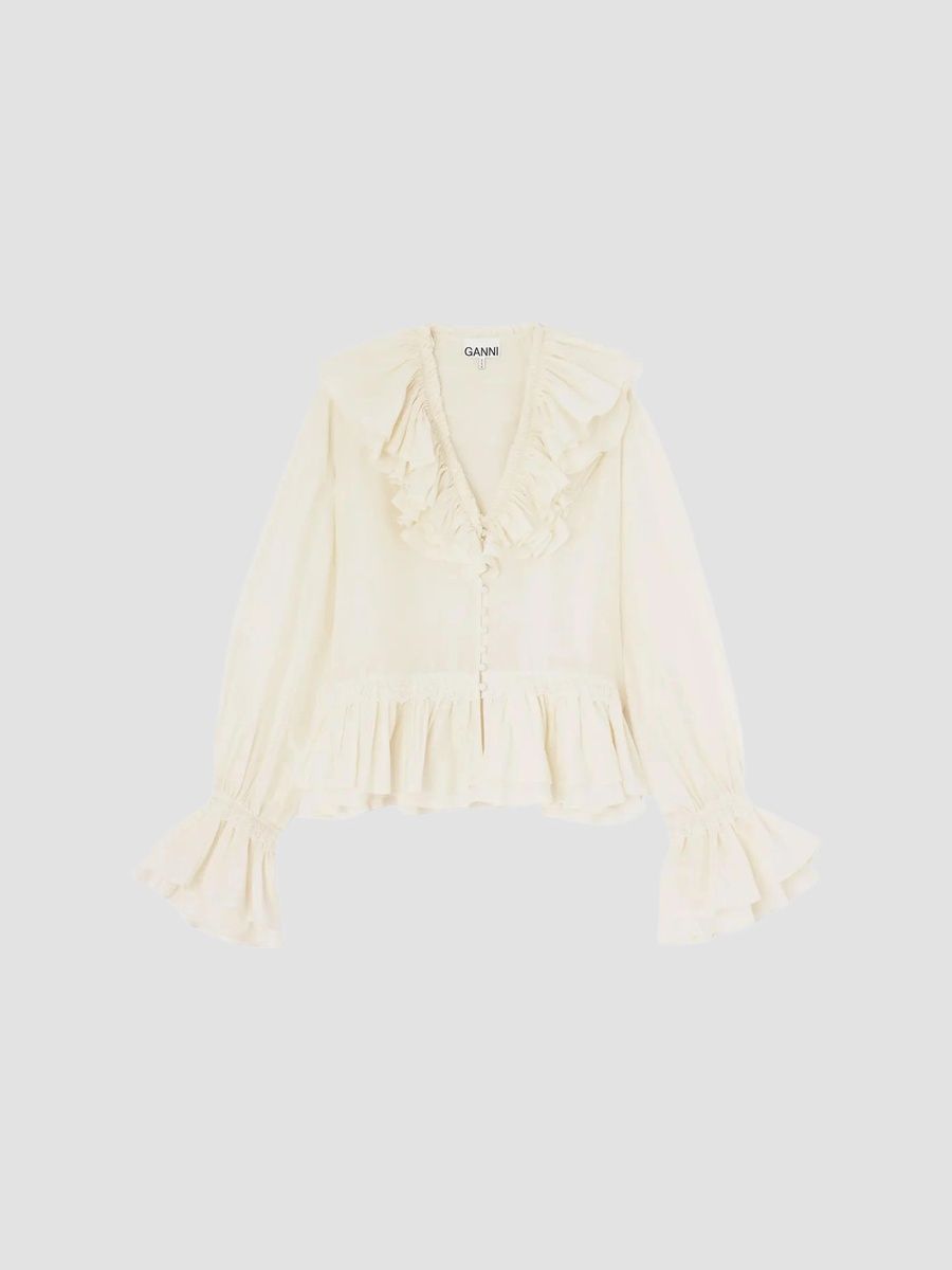 Ganni Women's Ruffled Silk-Blend Blouse - Egret - Size 0