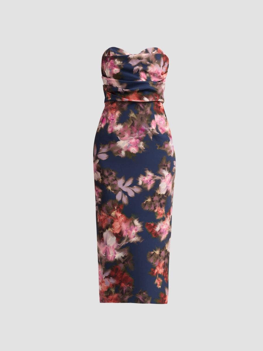 Black Halo Women's Leonora Floral Strapless Midi Dress - Midnight Canvas - Size 14