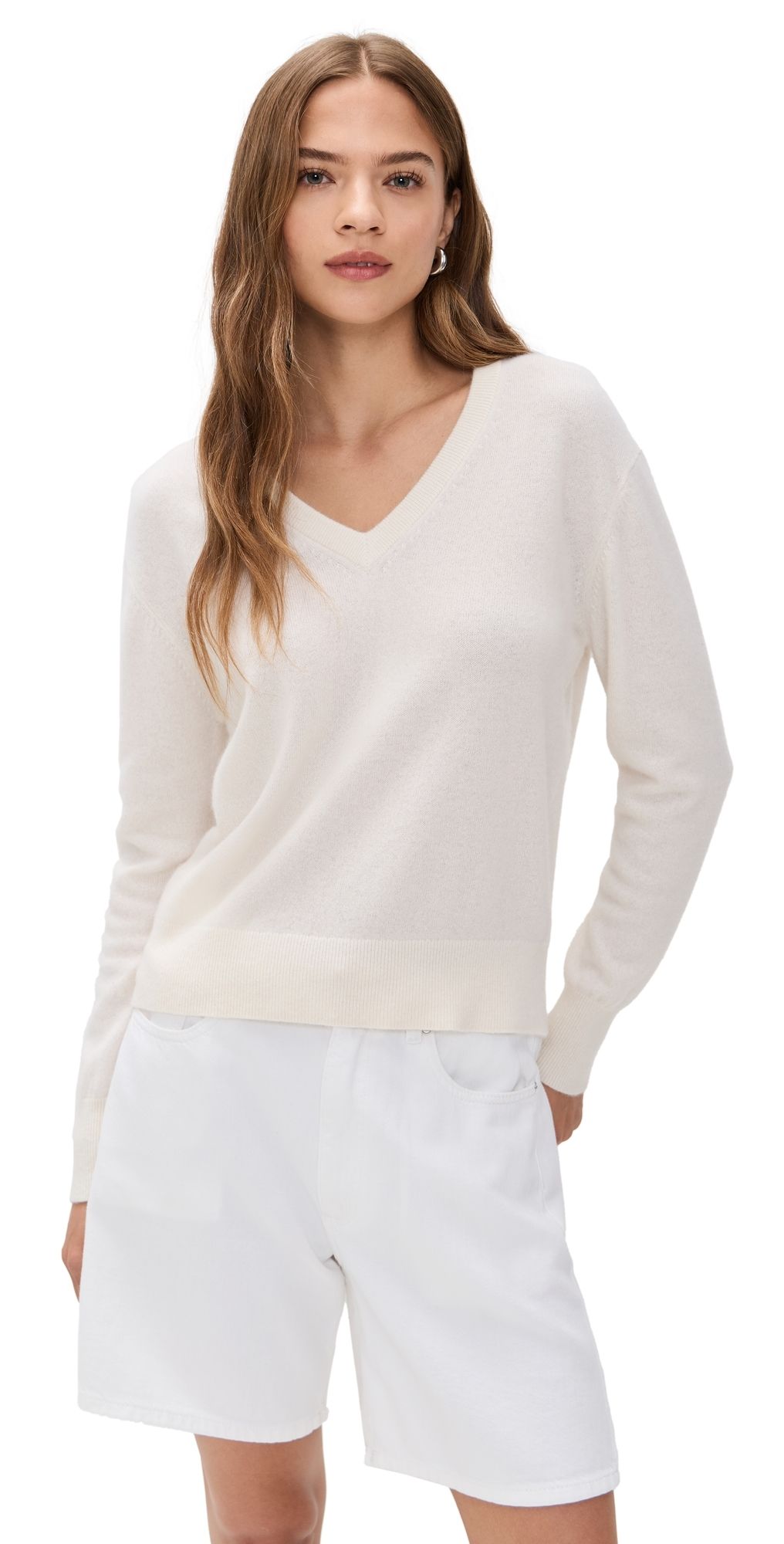 White & Warren Cashmere V Neck Soft White L