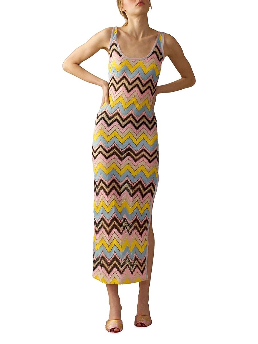 Women's Zigzag Crocheted Tank Dress - Yellow Multi - Size Large