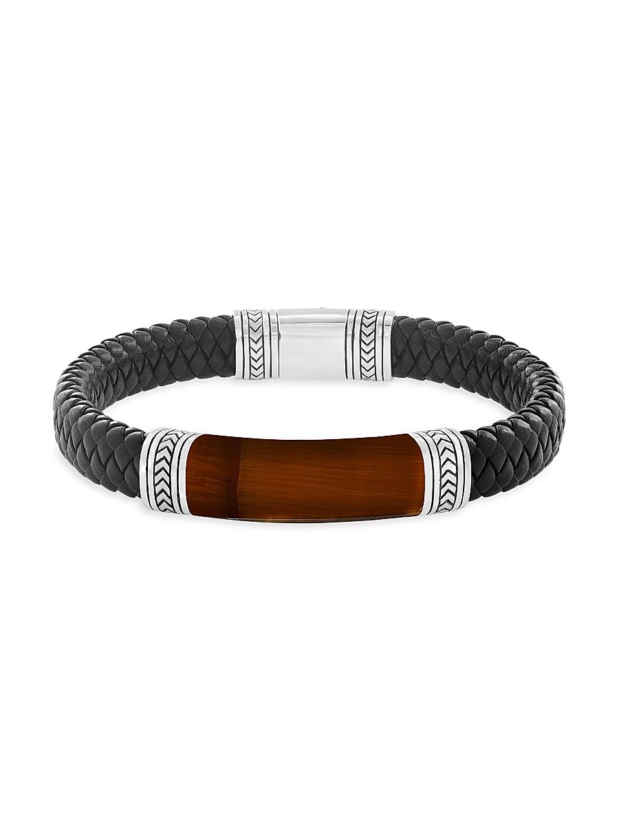 Men's Braided Leather, Sterling Silver & Tiger's Eye Bracelet - Sterling Silver