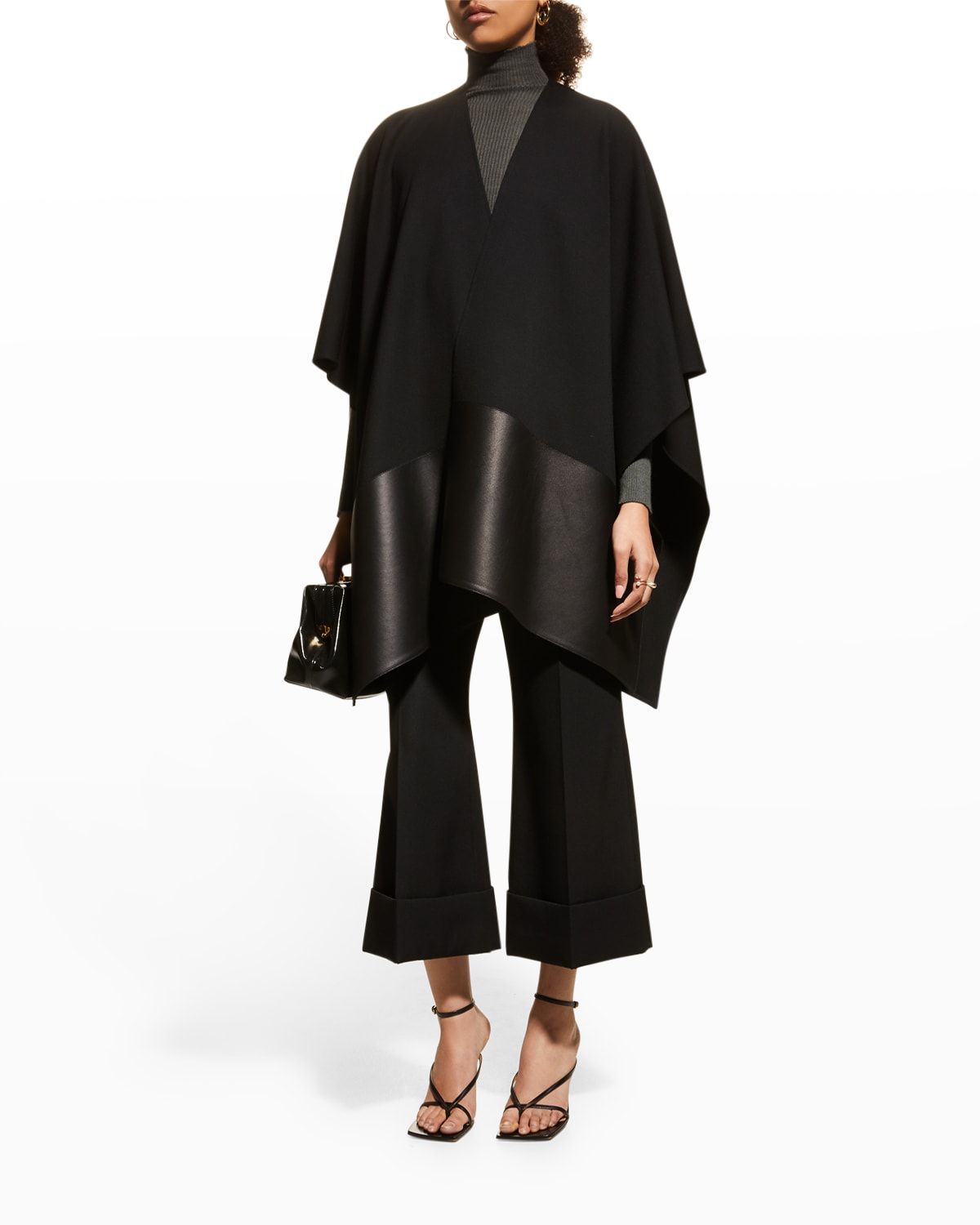 Leather-Trim Punto Milano Wrap Poncho