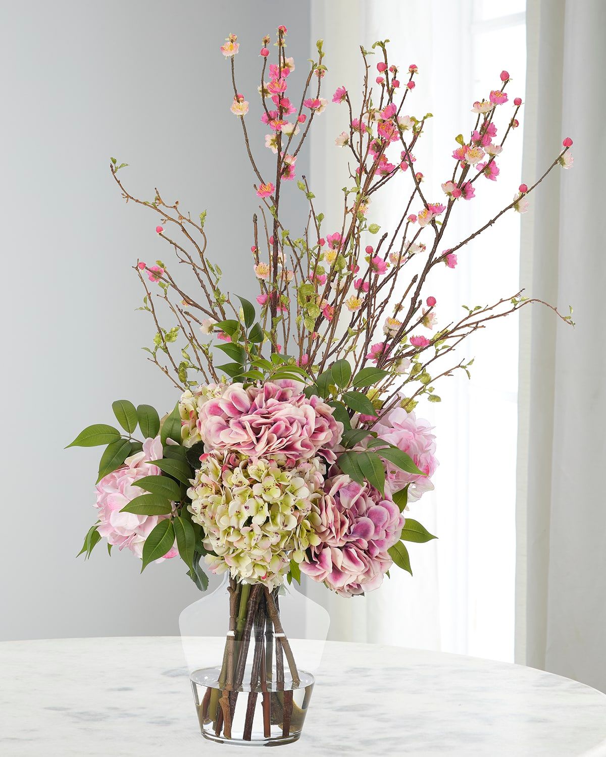 Hydrangeas & Cherry Blossoms 38" Faux Floral Arrangement in a Glass Vase