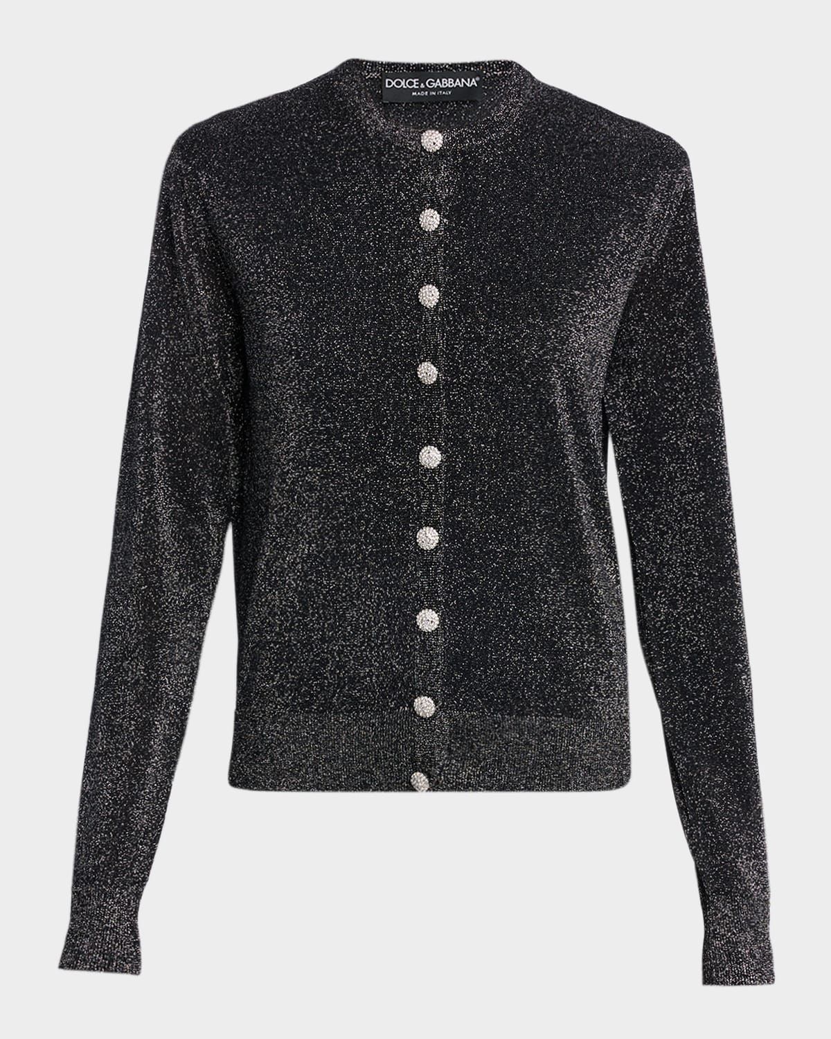 Crystal-Button Metallic Knit Crewneck Cardigan