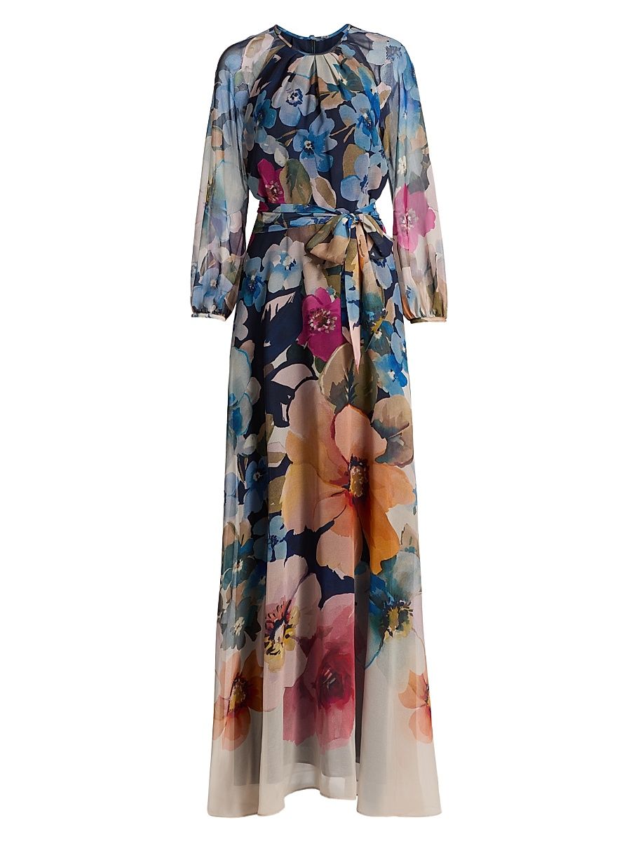 Women's Floral Chiffon Maxi Gown - Blue Multi - Size 18