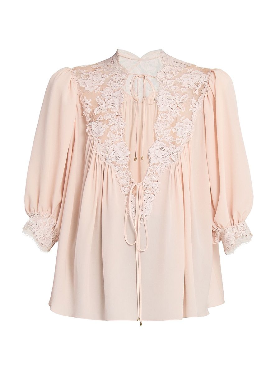 Women's Lace-Detailed Tie Blouse - Delicate Pink - Size 6