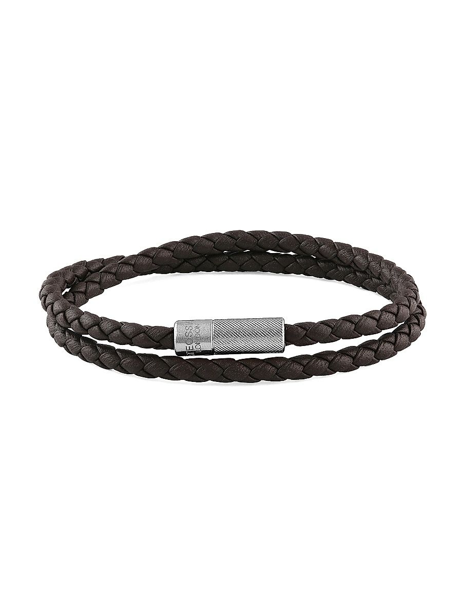 Men's Pop Rigato Braided Leather Wrap Bracelet - Brown - Size Large