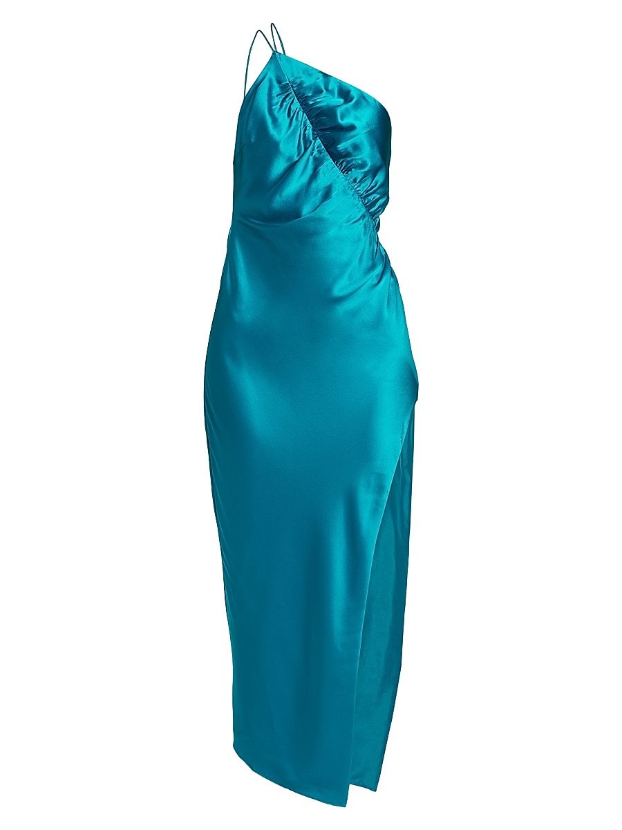 Women's Leaf Silk Satin Midi-Dress - Lake - Size 10