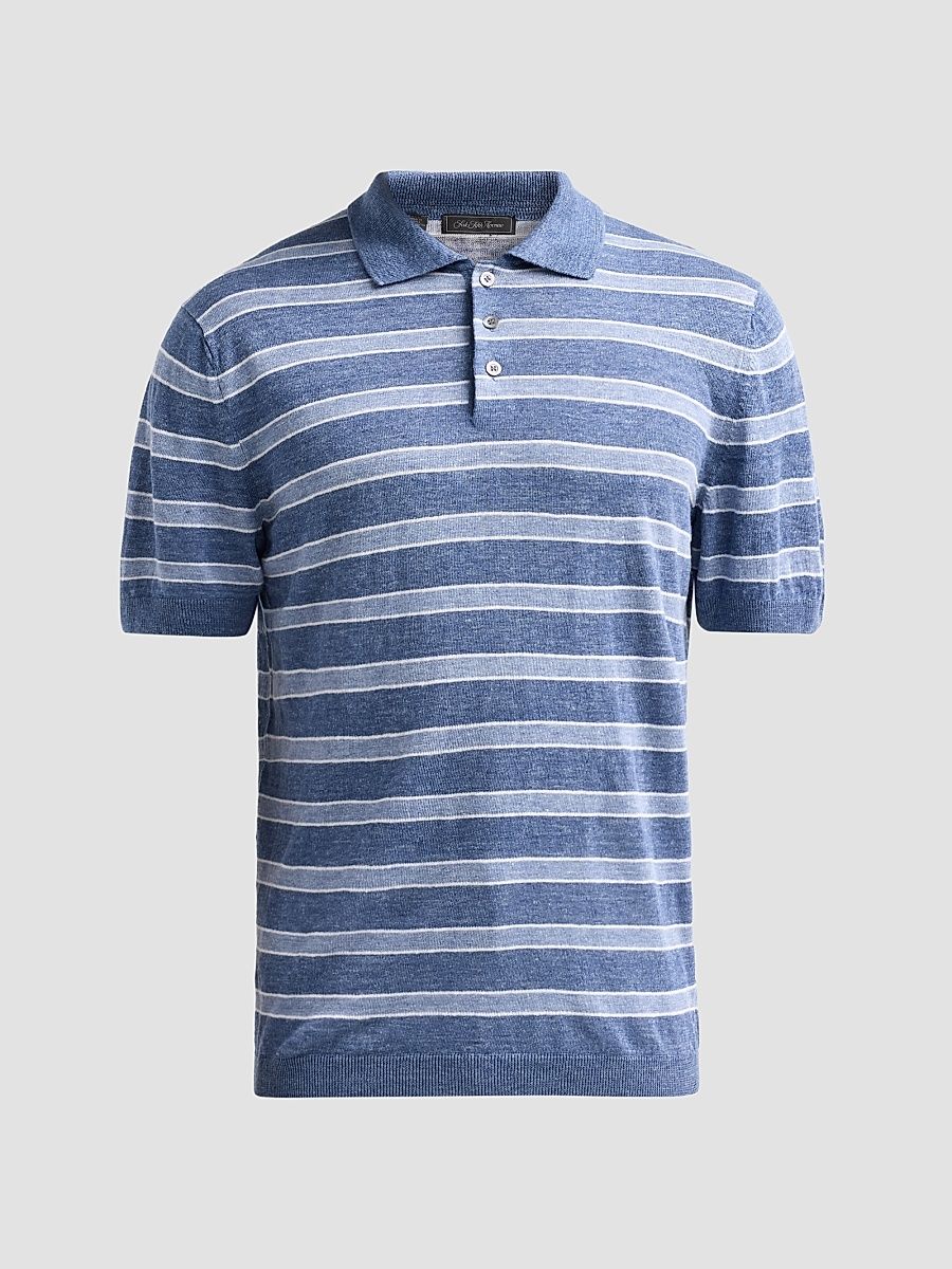 Men's COLLECTION Linen Striped Polo Shirt - Navy - Size Small