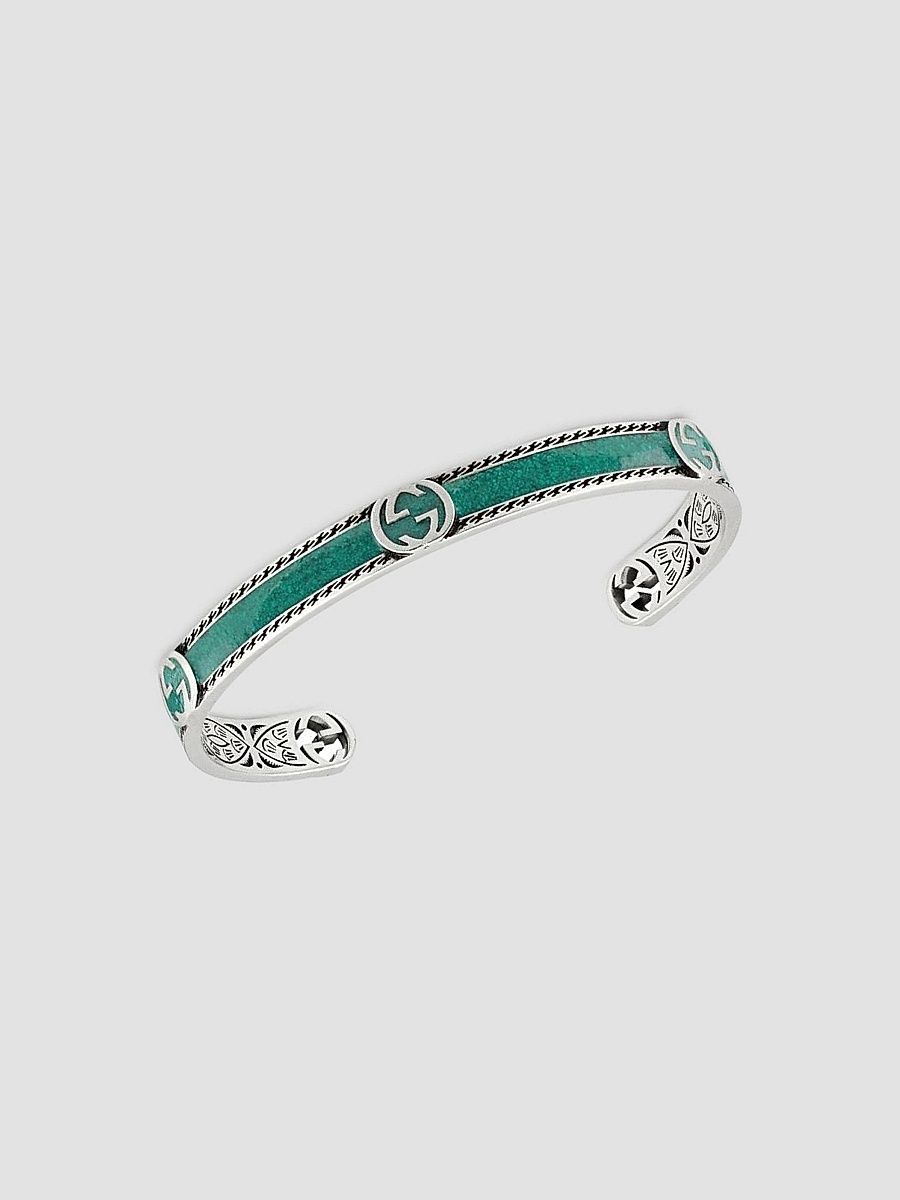 Gucci Men's Interlocking G Sterling Silver Enamel Cuff - Turquoise - Size 7.5