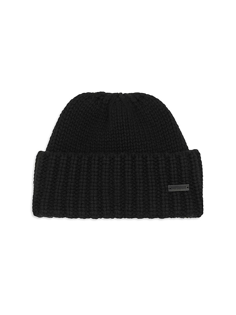 Men's Knitted Cuffed Beanie in Cashmere - Black - Size Medium