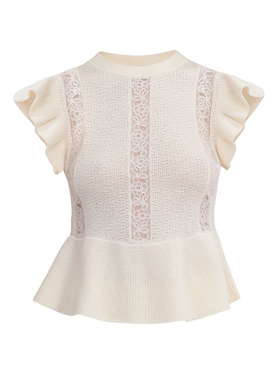 Women's Rhea Lace-Trim Merino Wool-Cotton Sweater - Ivory - Size XL