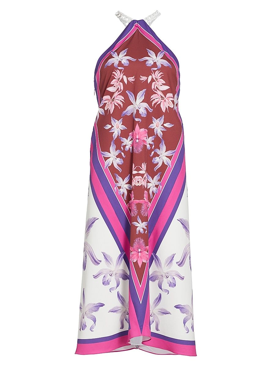 Women's Dreamy Scarf Chain-Strap Midi-Dress - Pink Maroon Print - Size 8