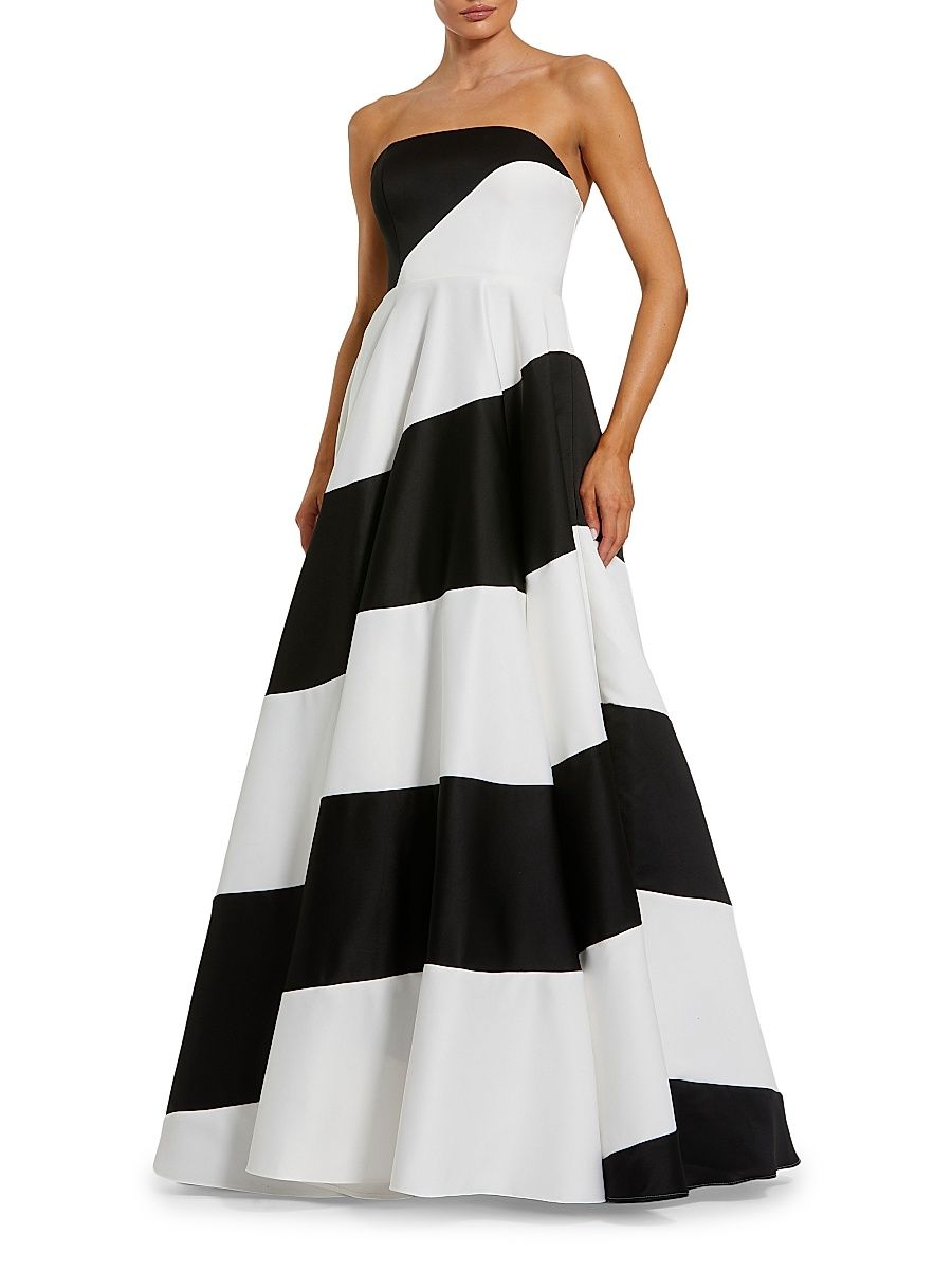 Women's Striped Bandeau Fit & Flare Gown - Black Ivory - Size 16