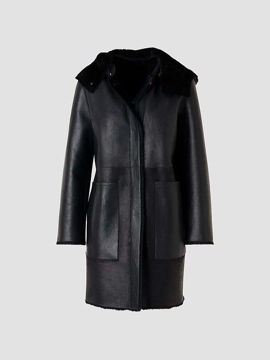 Women's Oxana Leather & Shearling Reversible Hooded Coat - Black - Size 10