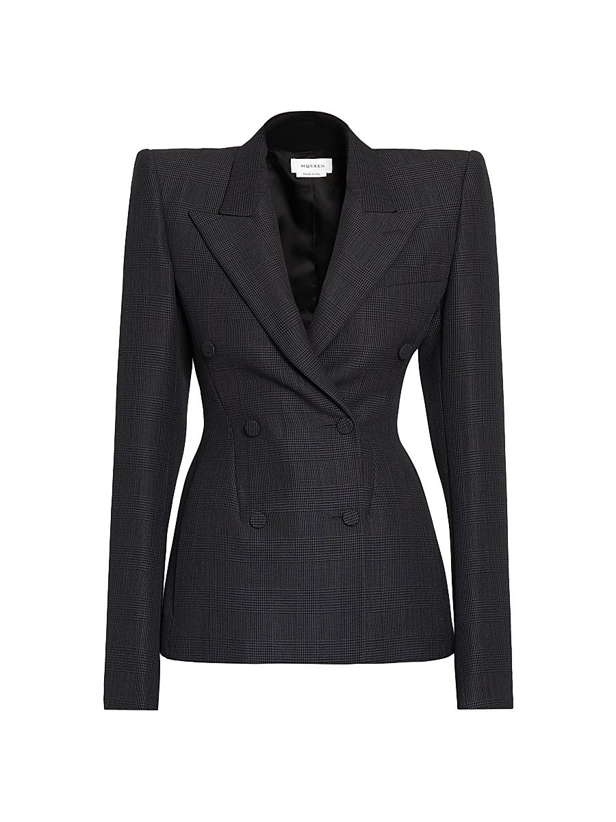 Women's Prince Of Wales Wool-Mohair Double-Breasted Jacket - Black Dark Grey - Size 10